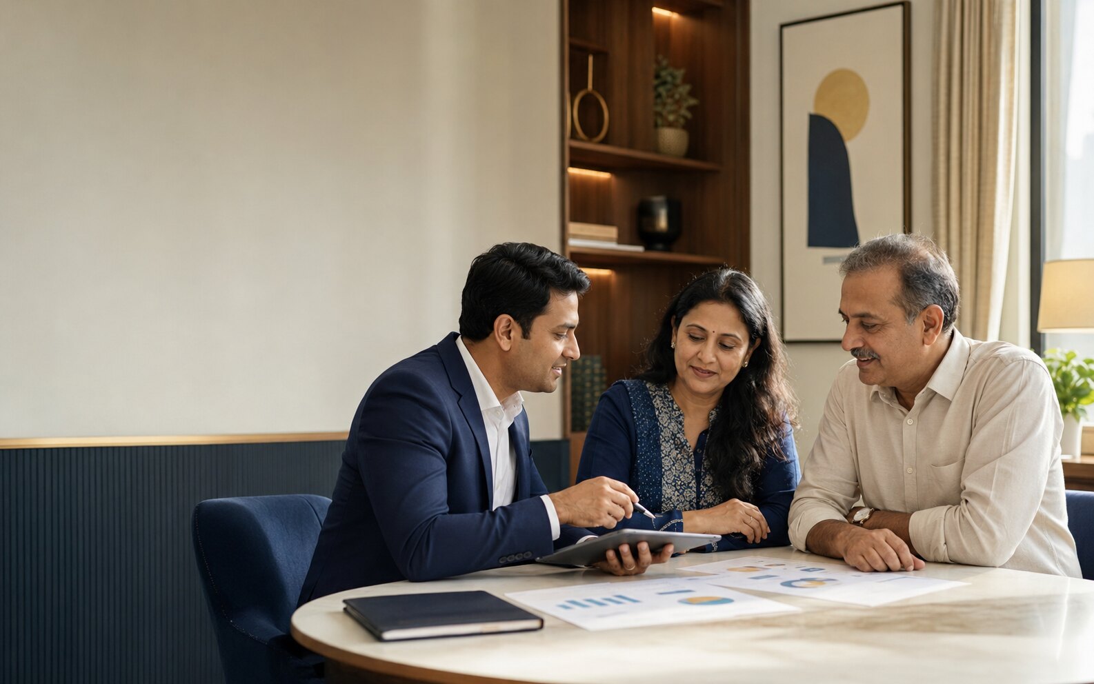 An Indian couple discussing investment goals with a mutual fund distributor